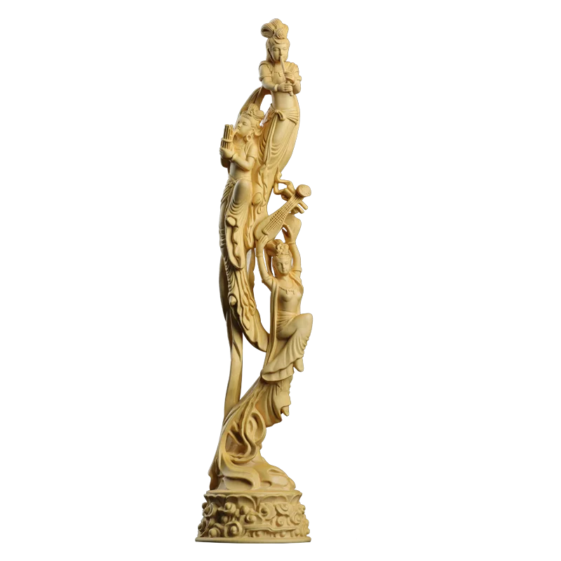 Boxwood 39cm Dunhuang Flying Fairy Sculpture Solid Wood Beauty Statue Living Room Home Decor