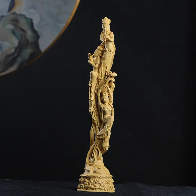 Boxwood 39cm Dunhuang Flying Fairy Sculpture Solid Wood Beauty Statue Living Room Home Decor