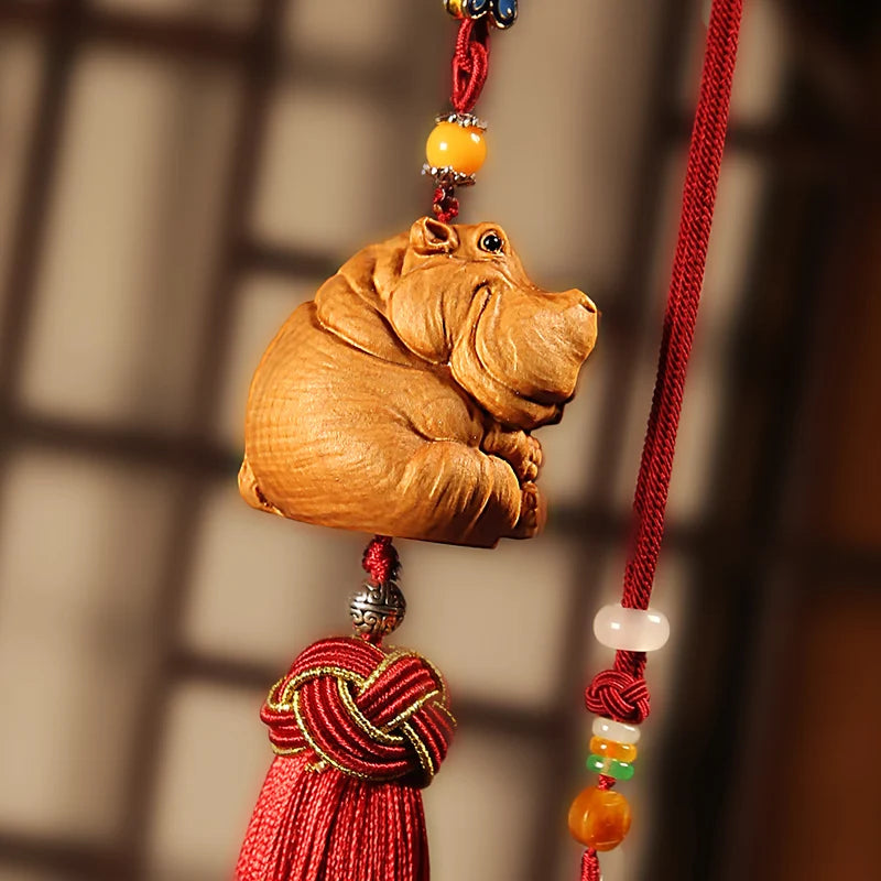Boxwood 4.5cm 6.5cm Hippo Sculpture Feng Shui Car Decoration Wood Lucky Animal Statue Cartoons Pendant Home Decor