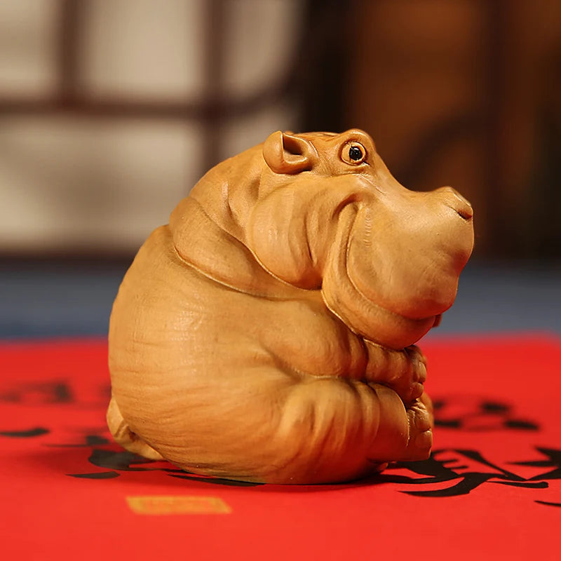 Boxwood 4.5cm 6.5cm Hippo Sculpture Feng Shui Car Decoration Wood Lucky Animal Statue Cartoons Pendant Home Decor
