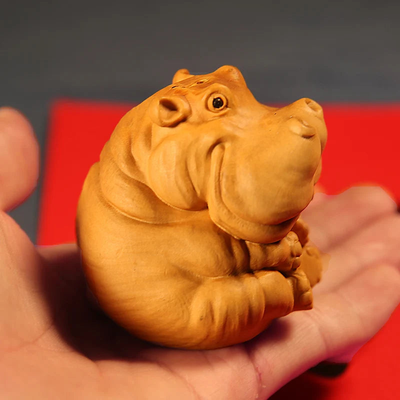 Boxwood 4.5cm 6.5cm Hippo Sculpture Feng Shui Car Decoration Wood Lucky Animal Statue Cartoons Pendant Home Decor
