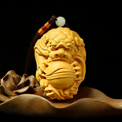 Boxwood 4-7cm Pixiu Lion Ball Sculpture Wood God Animal Statue Chinese Auspicious Beast Home Decor