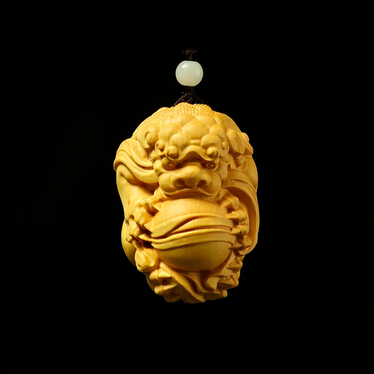 Boxwood 4-7cm Pixiu Lion Ball Sculpture Wood God Animal Statue Chinese Auspicious Beast Home Decor
