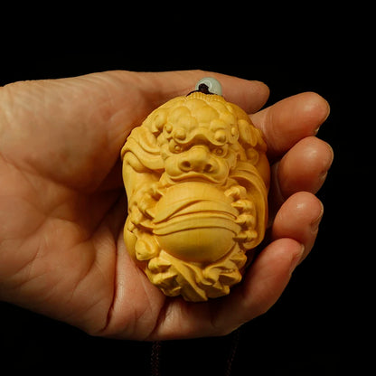 Boxwood 4-7cm Pixiu Lion Ball Sculpture Wood God Animal Statue Chinese Auspicious Beast Home Decor