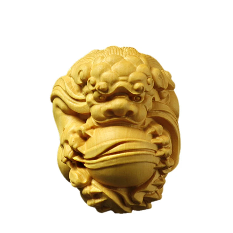 Boxwood 4-7cm Pixiu Lion Ball Sculpture Wood God Animal Statue Chinese Auspicious Beast Home Decor