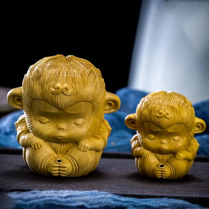 Boxwood 5/7cm Cute Little Monkey Sculpture Wood Feng Shui Living Room Lucky Incense Plug Sun Wukong Zen Buddha Statue Home Decor