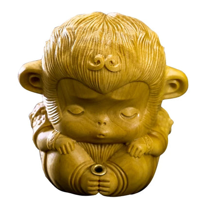 Boxwood 5/7cm Cute Little Monkey Sculpture Wood Feng Shui Living Room Lucky Incense Plug Sun Wukong Zen Buddha Statue Home Decor