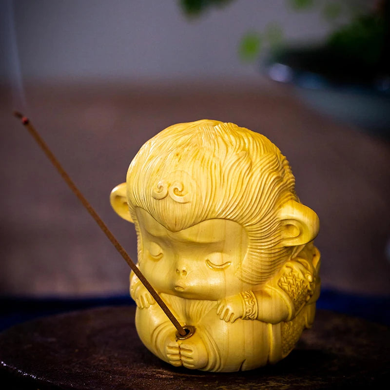 Boxwood 5/7cm Cute Little Monkey Sculpture Wood Feng Shui Living Room Lucky Incense Plug Sun Wukong Zen Buddha Statue Home Decor