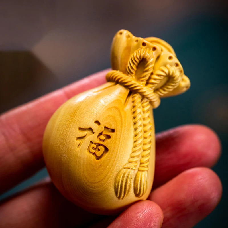 Boxwood 5 cm Chinese traditional carving crafts solid wood decoration lucky bag small pendant collectibles