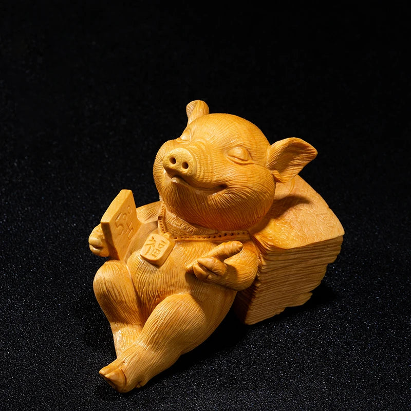 Boxwood 5cm 11cm Pig Sculpture Wood Diligent Piggy Animal Statue Lucky Home Decor