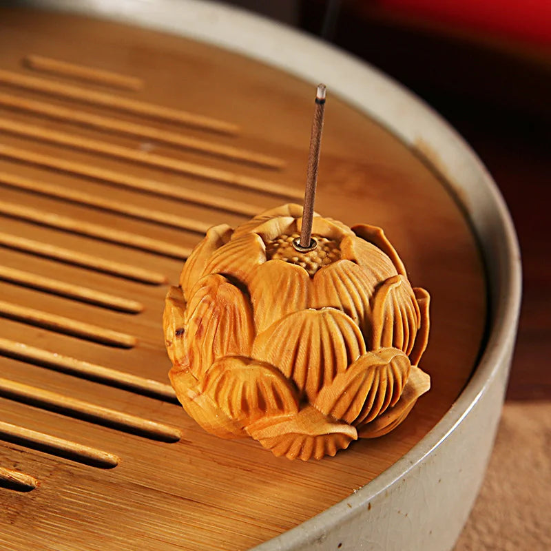 Boxwood 5cm Lotus Incense Burner Sculpture Wood Statue Feng Shui Collection Wealth Flower Lucky Home Decor