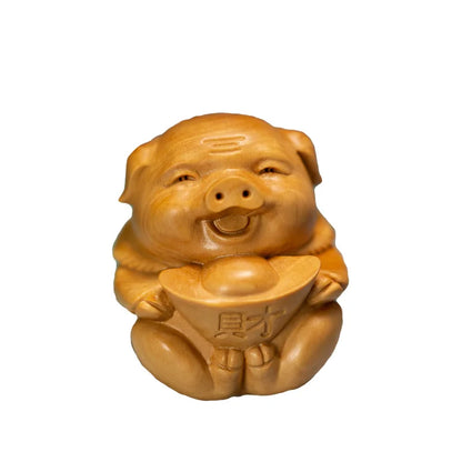 Boxwood 5cm Pig Sculpture Piggy with Gold Ingot Wood Animal Lucky Statue Blessing Home Decor