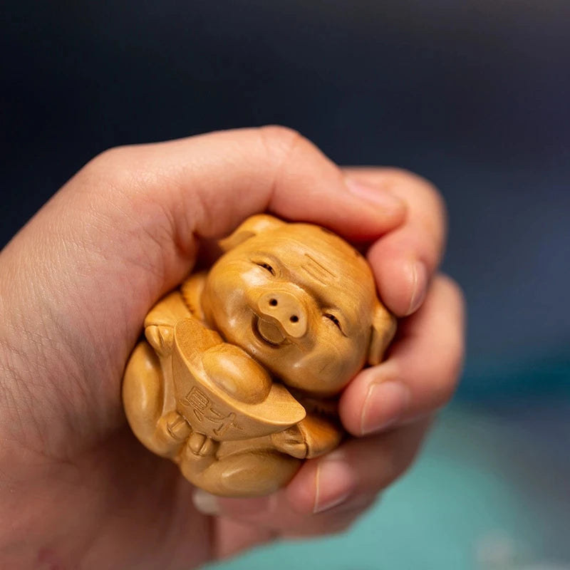 Boxwood 5cm Pig Sculpture Piggy with Gold Ingot Wood Animal Lucky Statue Blessing Home Decor