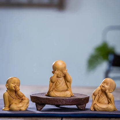Boxwood 6/8cm Little Monk Sculpture Wood Mini Buddha Statue Sitting Standing Zen Style Lucky Feng Shui Home Decor