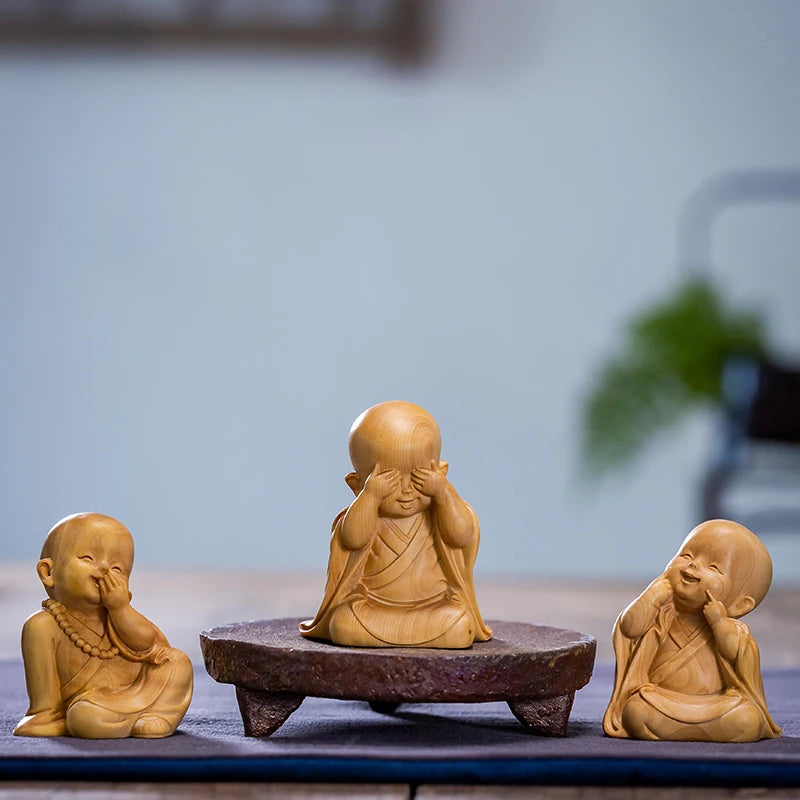 Boxwood 6/8cm Little Monk Sculpture Wood Mini Buddha Statue Sitting Standing Zen Style Lucky Feng Shui Home Decor