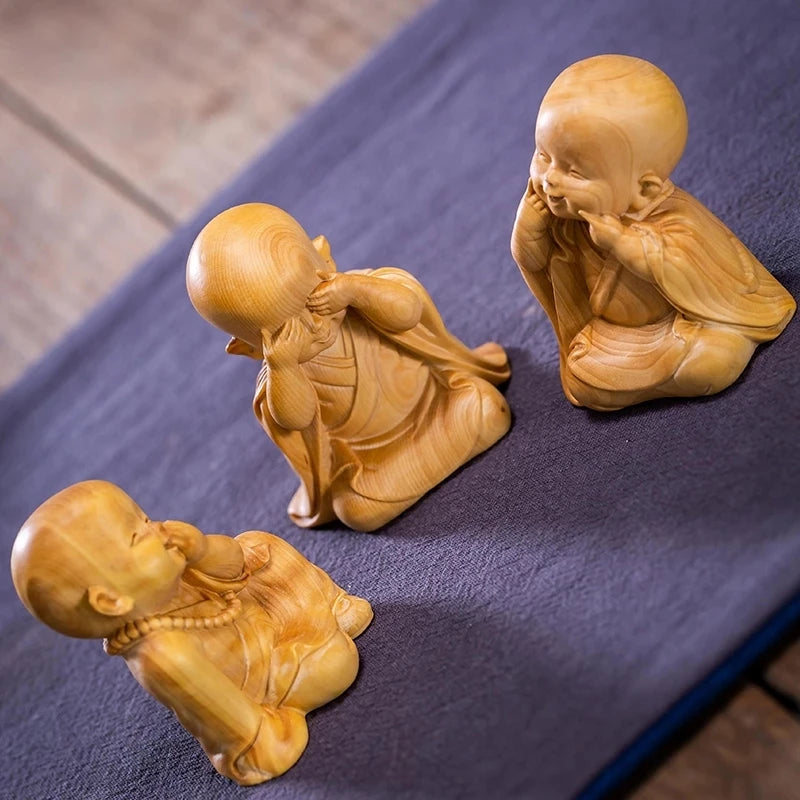 Boxwood 6/8cm Little Monk Sculpture Wood Mini Buddha Statue Sitting Standing Zen Style Lucky Feng Shui Home Decor