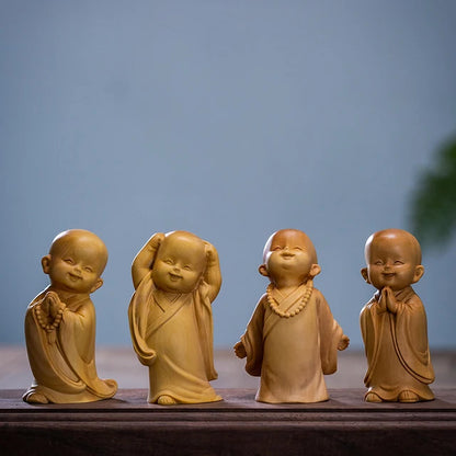 Boxwood 6/8cm Little Monk Sculpture Wood Mini Buddha Statue Sitting Standing Zen Style Lucky Feng Shui Home Decor