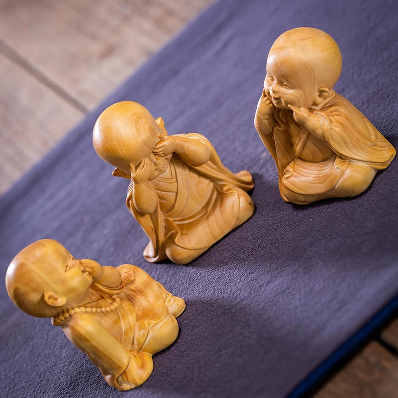 Boxwood 6/8cm Little Monk Sculpture Wood Mini Buddha Statue Sitting Standing Zen Style Lucky Feng Shui Home Decor