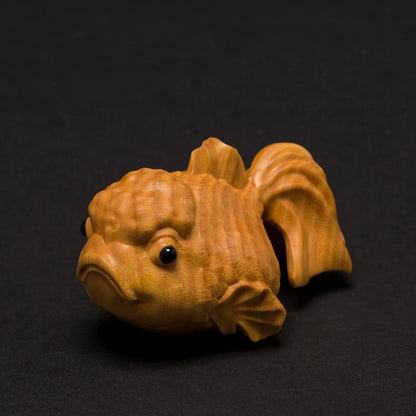 Boxwood 6CM Fish Sculpture Wood Carving Animal Statue Goldfish Lucky Home Decor
