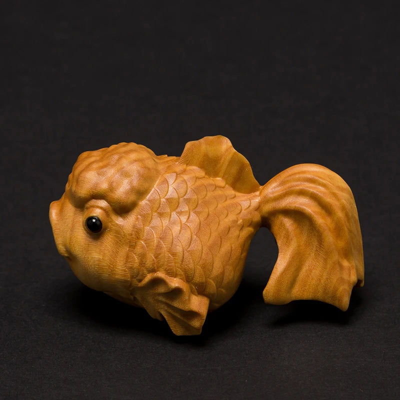Boxwood 6CM Fish Sculpture Wood Carving Animal Statue Goldfish Lucky Home Decor
