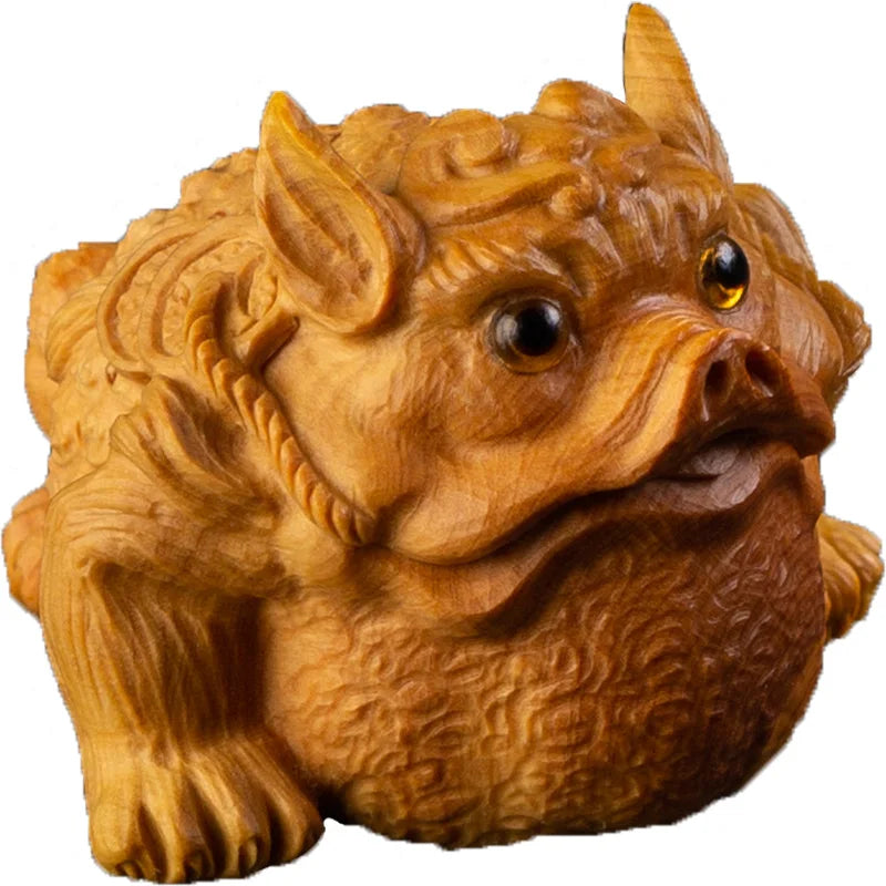 Boxwood 6CM Gold Toads Sculpture Wood Carving Animal Lucky Statue Home Decor