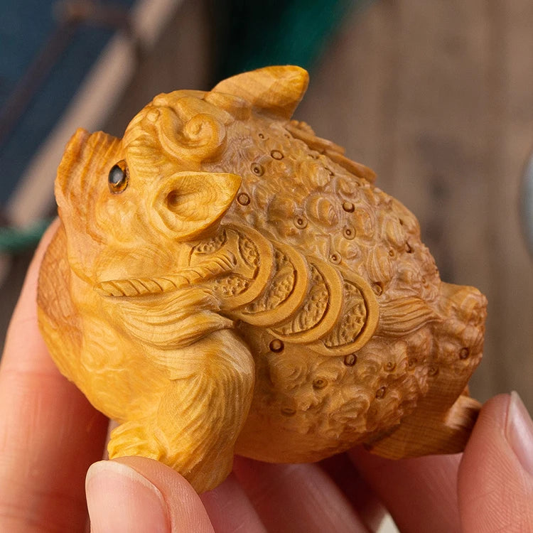 Boxwood 6CM Gold Toads Sculpture Wood Carving Animal Lucky Statue Home Decor
