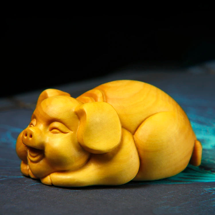 Boxwood 6CM Pig Sculpture Wood Carving Animal Statue Chinese Zodiac Piggy Home Decor