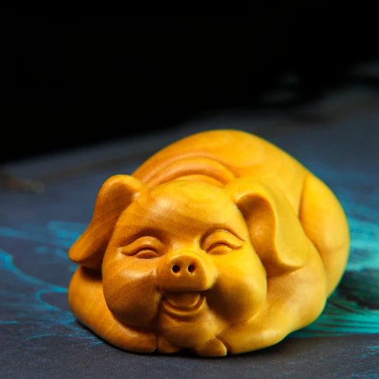 Boxwood 6CM Pig Sculpture Wood Carving Animal Statue Chinese Zodiac Piggy Home Decor