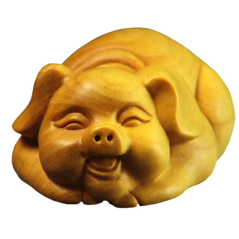 Boxwood 6CM Pig Sculpture Wood Carving Animal Statue Chinese Zodiac Piggy Home Decor
