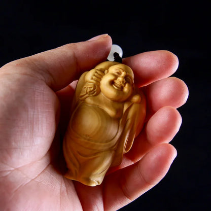 Boxwood 6cm 8cm Maitreya Sculpture Wood Laughing Buddha Statue Metteyya Pendant Home Decor