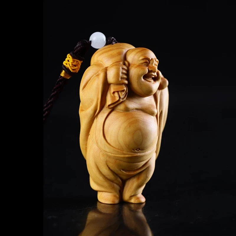 Boxwood 6cm 8cm Maitreya Sculpture Wood Laughing Buddha Statue Metteyya Pendant Home Decor
