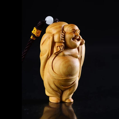 Boxwood 6cm 8cm Maitreya Sculpture Wood Laughing Buddha Statue Metteyya Pendant Home Decor