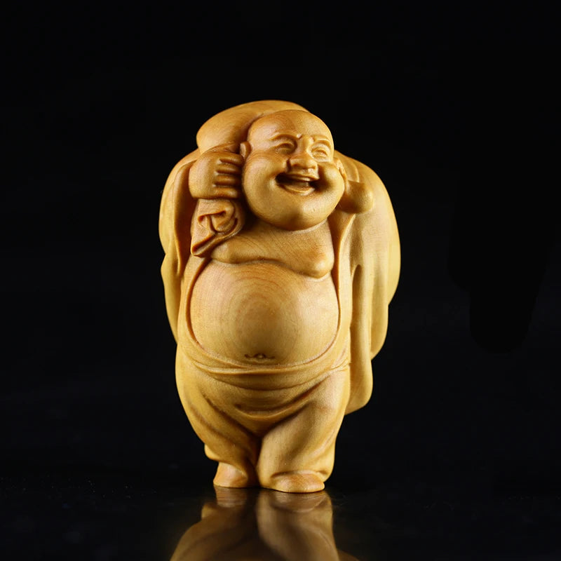 Boxwood 6cm 8cm Maitreya Sculpture Wood Laughing Buddha Statue Metteyya Pendant Home Decor