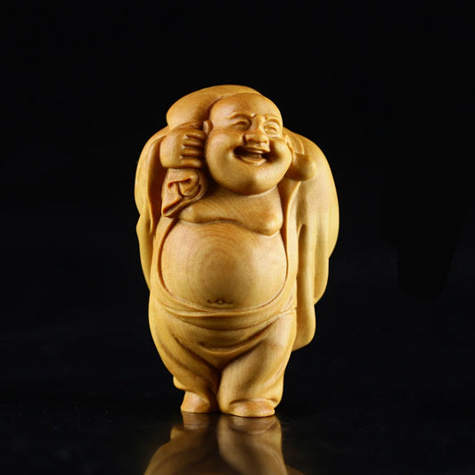 Boxwood 6cm 8cm Maitreya Sculpture Wood Laughing Buddha Statue Metteyya Pendant Home Decor