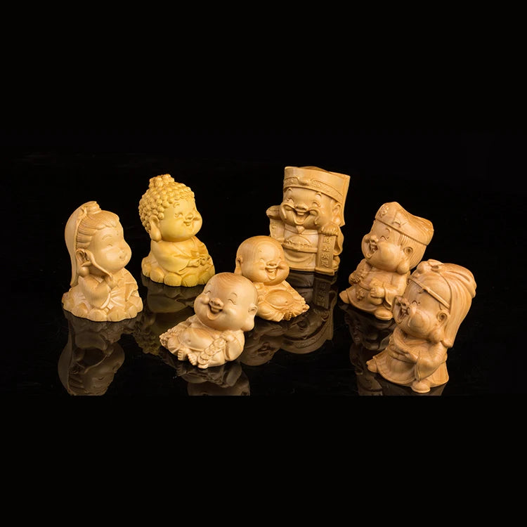Boxwood 6cm Buddhas Sculpture Guanyu Guanyin Laughing Buddha God of Wealth Wood Statue Home Decor