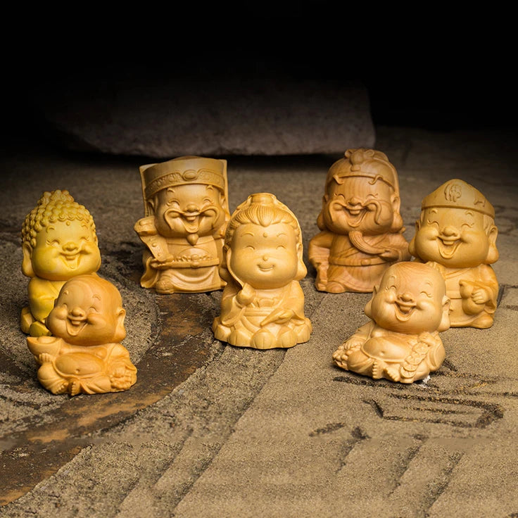 Boxwood 6cm Buddhas Sculpture Guanyu Guanyin Laughing Buddha God of Wealth Wood Statue Home Decor