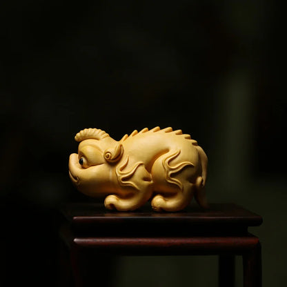Boxwood 6cm Chinese Unicorn Sculpture Animal Wood Statue Ancient God Beast of China Feng Shui Home Decor