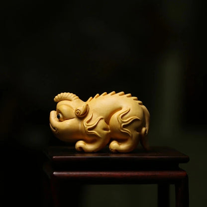 Boxwood 6cm Chinese Unicorn Sculpture Animal Wood Statue Ancient God Beast of China Feng Shui Home Decor