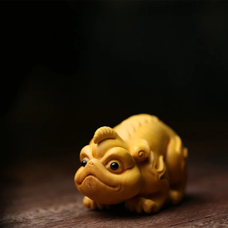 Boxwood 6cm Chinese Unicorn Sculpture Animal Wood Statue Ancient God Beast of China Feng Shui Home Decor