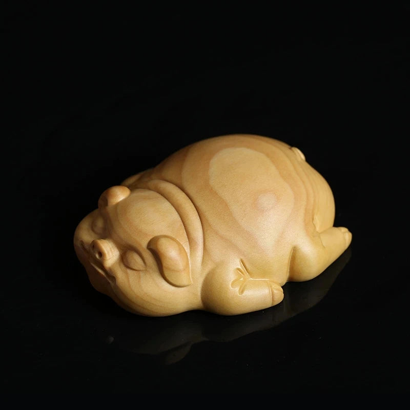 Boxwood 6cm Lucky Pig Sculpture Real Wood Feng Shui Animal Statue Figure Piggy Cute Home Decor