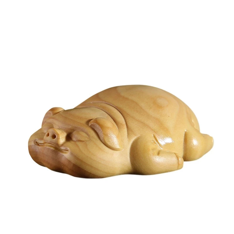 Boxwood 6cm Lucky Pig Sculpture Real Wood Feng Shui Animal Statue Figure Piggy Cute Home Decor