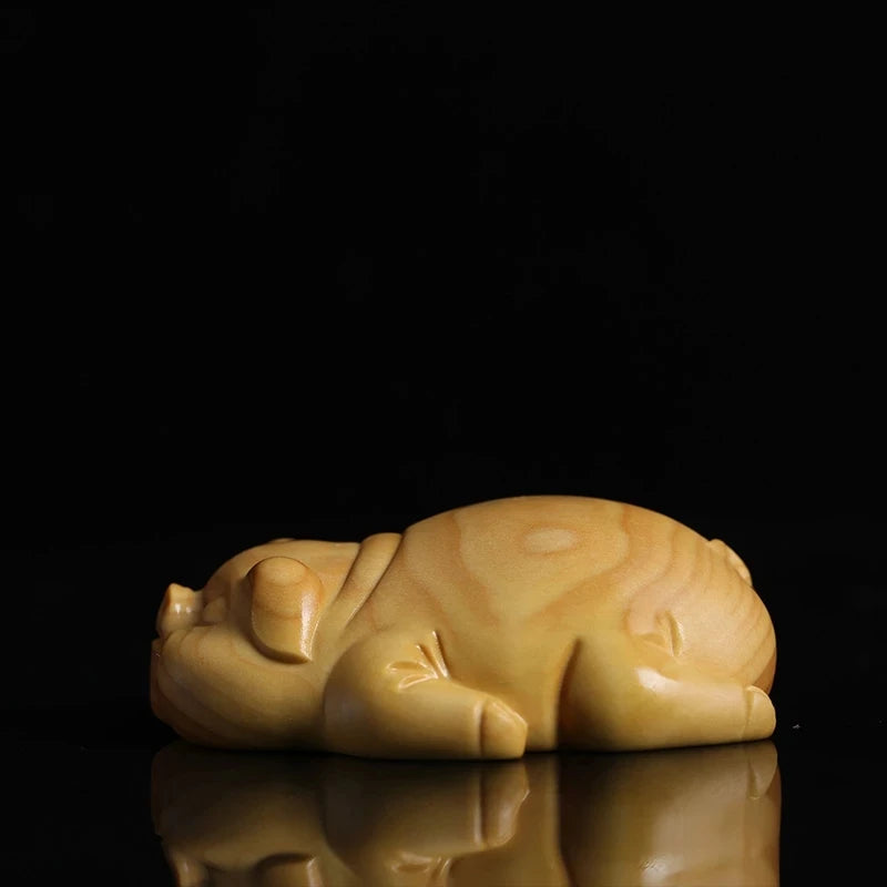 Boxwood 6cm Lucky Pig Sculpture Real Wood Feng Shui Animal Statue Figure Piggy Cute Home Decor