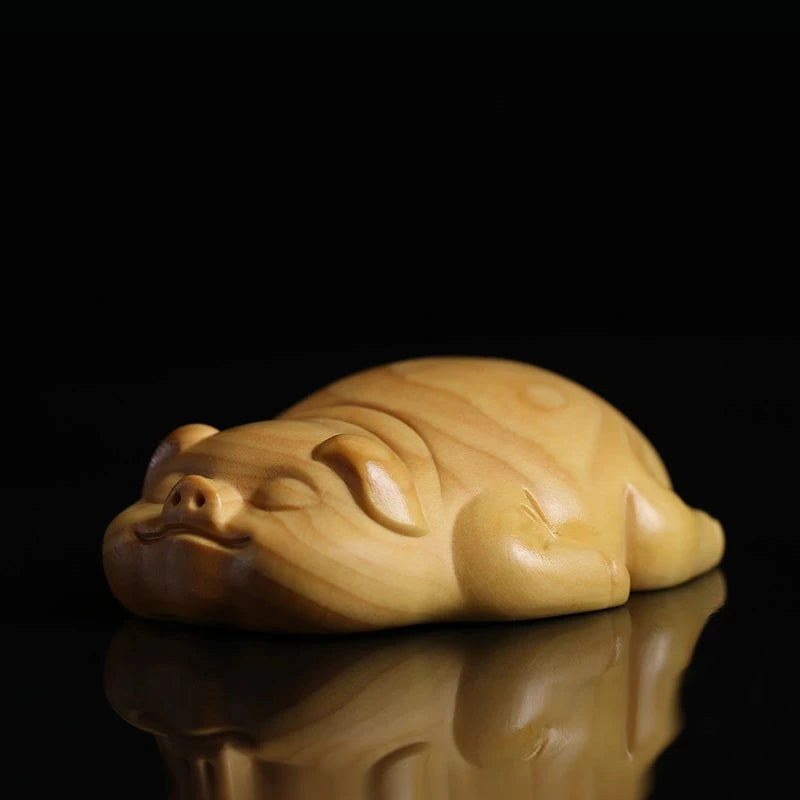 Boxwood 6cm Lucky Pig Sculpture Real Wood Feng Shui Animal Statue Figure Piggy Cute Home Decor