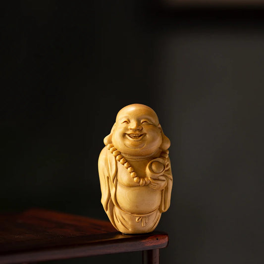 Boxwood 6cm Maitreya Sculpture Wood Carving Laughing Buddha Statue Home Decor