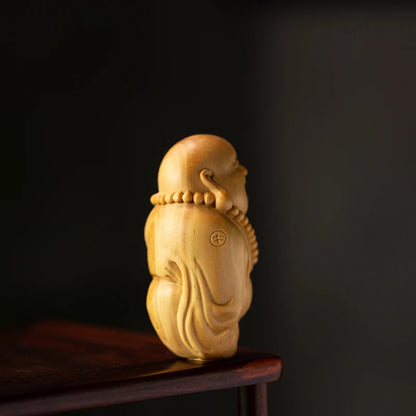 Boxwood 6cm Maitreya Sculpture Wood Carving Laughing Buddha Statue Home Decor