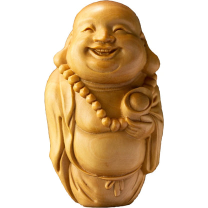 Boxwood 6cm Maitreya Sculpture Wood Carving Laughing Buddha Statue Home Decor