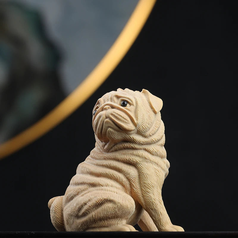 Boxwood 6cm Pug Dog Sculpture Wood Carving Puppy Animal Statue Lucky Dog Home Decor