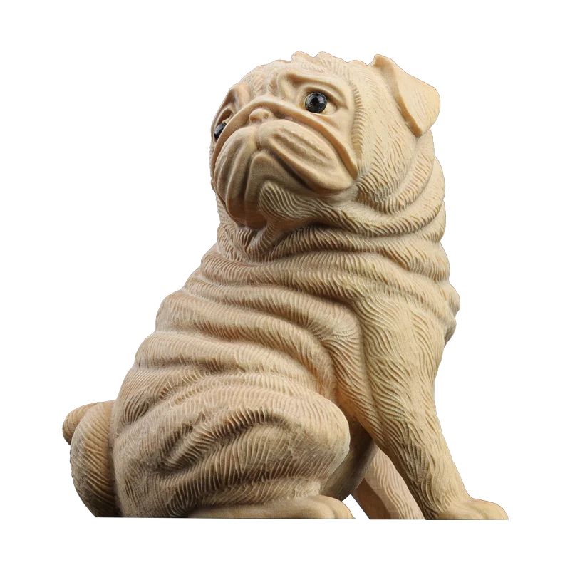 Boxwood 6cm Pug Dog Sculpture Wood Carving Puppy Animal Statue Lucky Dog Home Decor