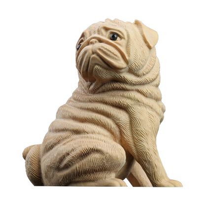 Boxwood 6cm Pug Dog Sculpture Wood Carving Puppy Animal Statue Lucky Dog Home Decor
