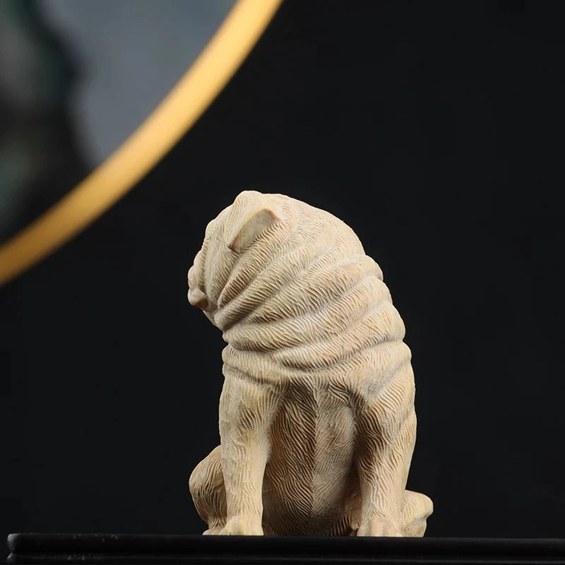 Boxwood 6cm Pug Dog Sculpture Wood Carving Puppy Animal Statue Lucky Dog Home Decor